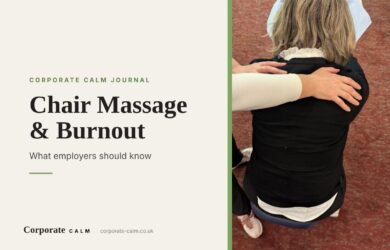 Therapist's hands working on a client's shoulders during a fully-clothed chair massage