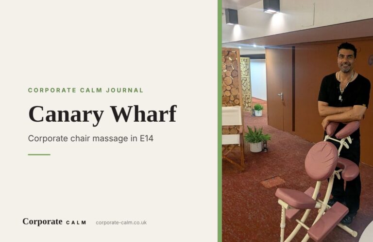 Corporate Calm massage therapist with his chair at a corporate wellbeing event