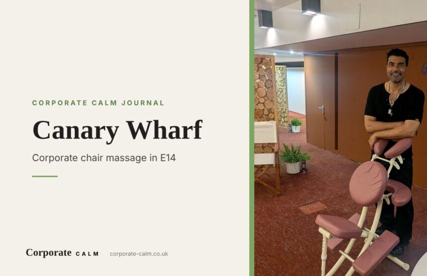 Corporate Calm massage therapist with his chair at a corporate wellbeing event