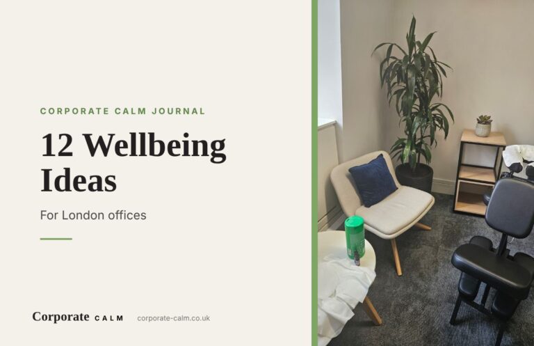 Calm office wellbeing room set up with a massage chair, armchair and plants