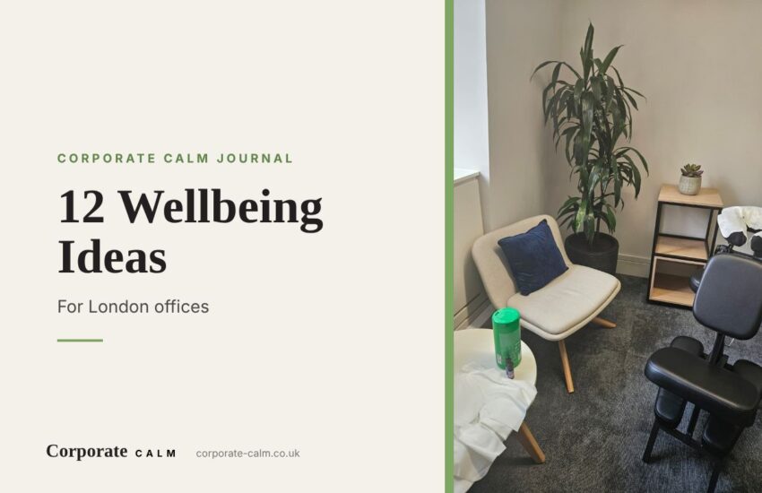 Calm office wellbeing room set up with a massage chair, armchair and plants