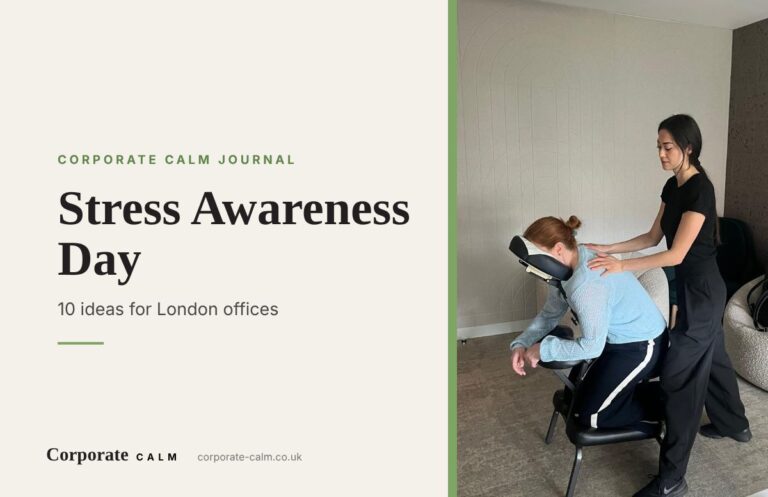 Corporate Calm therapist giving a fully-clothed seated chair massage to an employee in a London office