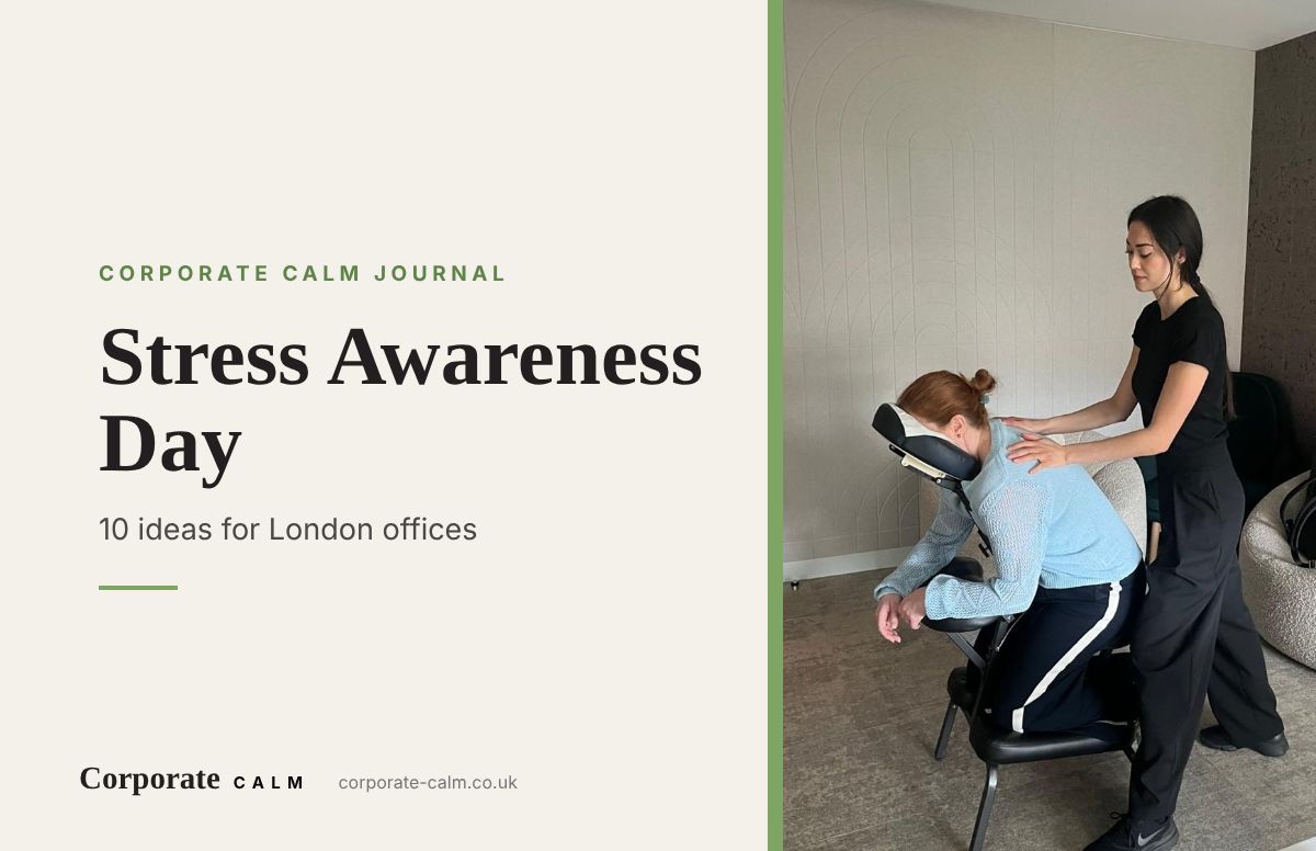 Corporate Calm therapist giving a fully-clothed seated chair massage to an employee in a London office